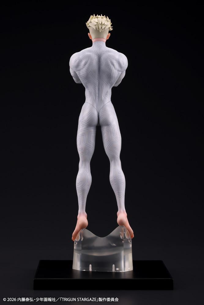 Rear view of Kotobukiya Millions Knives Oshi Works figure displaying detailed back muscle sculpt and textured white suit