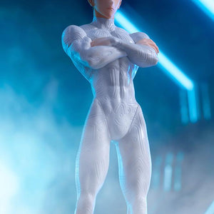 Close-up front view of Millions Knives figure torso and expression with arms crossed under blue ambient lighting