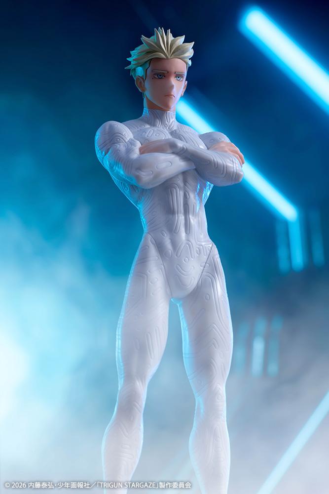Close-up front view of Millions Knives figure torso and expression with arms crossed under blue ambient lighting