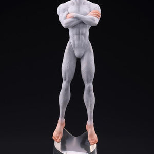 Full length front view of Kotobukiya Millions Knives Oshi Works figure with arms crossed on black background