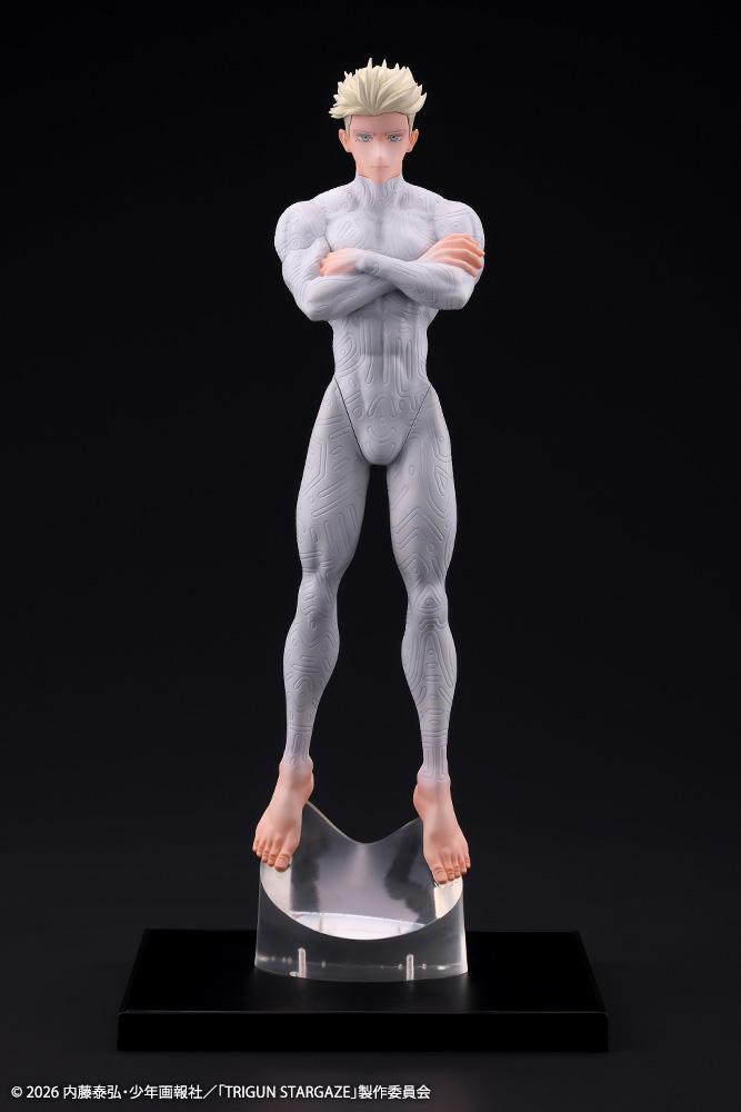 Full length front view of Kotobukiya Millions Knives Oshi Works figure with arms crossed on black background