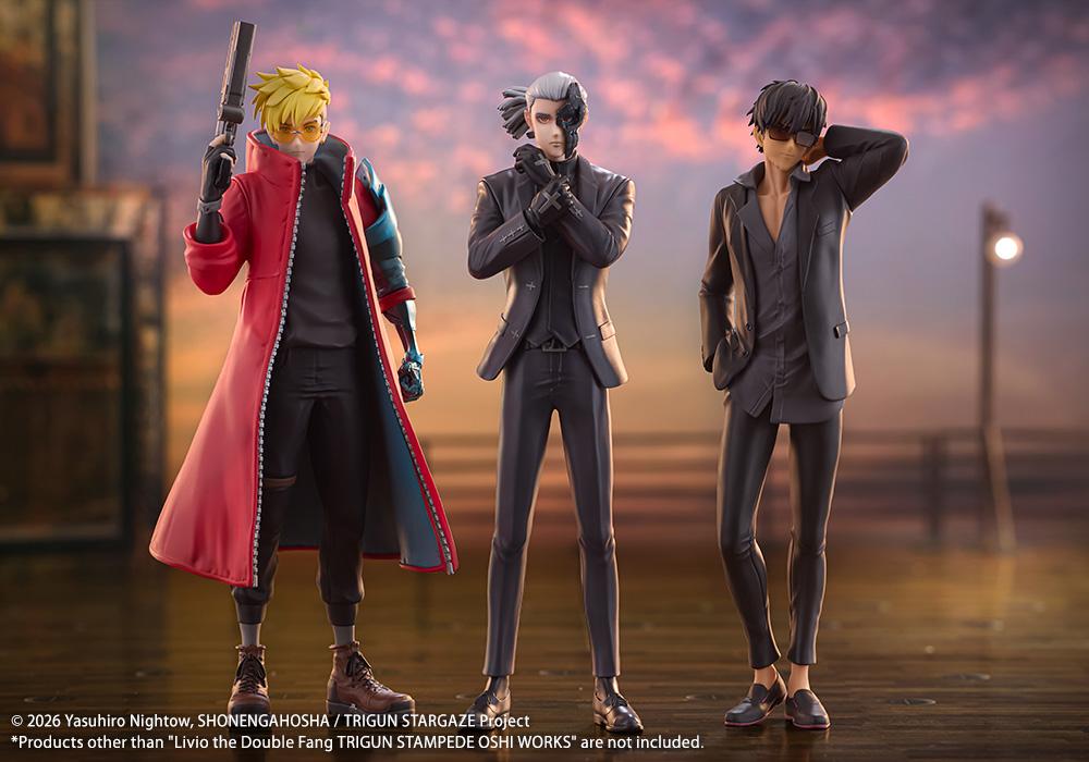 Group display featuring Oshi Works figures of Vash the Stampede, Livio the Double Fang, and Nicholas D. Wolfwood