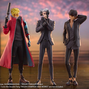Group display featuring Oshi Works figures of Vash the Stampede, Livio the Double Fang, and Nicholas D. Wolfwood