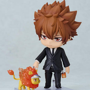 Serious expression Tsuna Sawada Nendoroid standing with his miniature lion companion accessory, Natsu.