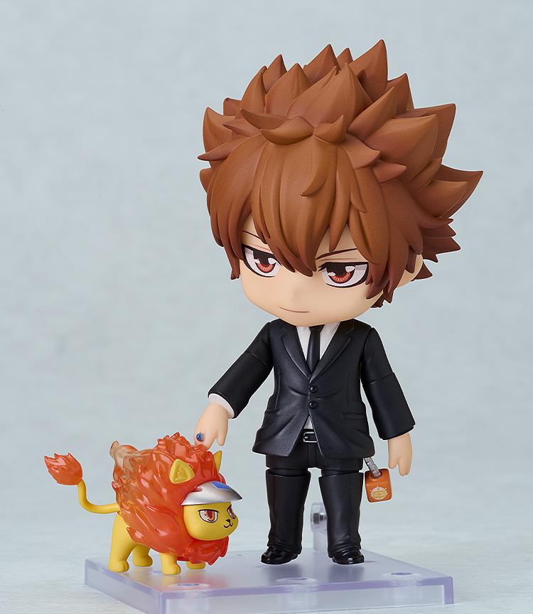 Serious expression Tsuna Sawada Nendoroid standing with his miniature lion companion accessory, Natsu.