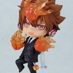Tsuna Sawada Nendoroid in a dynamic X-BURNER attack pose with translucent fire effect parts on his hands.