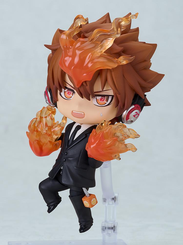 Tsuna Sawada Nendoroid in a dynamic X-BURNER attack pose with translucent fire effect parts on his hands.