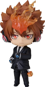 Close-up portrait of Tsunayoshi Sawada Nendoroid in a black suit with the Dying Will Flame on his forehead.