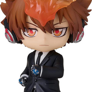 Close-up portrait of Tsunayoshi Sawada Nendoroid in a black suit with the Dying Will Flame on his forehead.