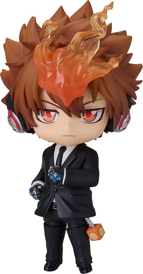 Close-up portrait of Tsunayoshi Sawada Nendoroid in a black suit with the Dying Will Flame on his forehead.