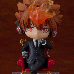 Tsuna Sawada Nendoroid in a sitting pose on the ornate red and gold Vongola boss throne chair.