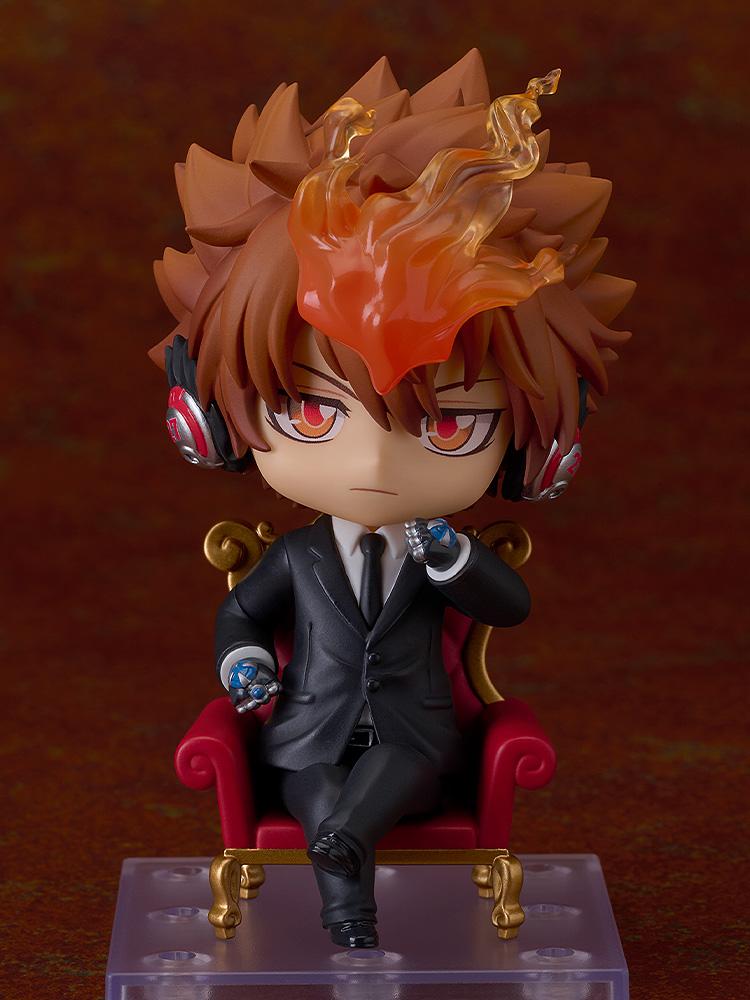 Tsuna Sawada Nendoroid in a sitting pose on the ornate red and gold Vongola boss throne chair.