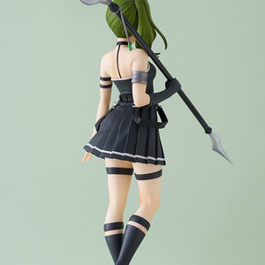 Rear view of the Ubel collectible figure, highlighting the intricate design of her staff-like weapon and the back of her black pleated dress.