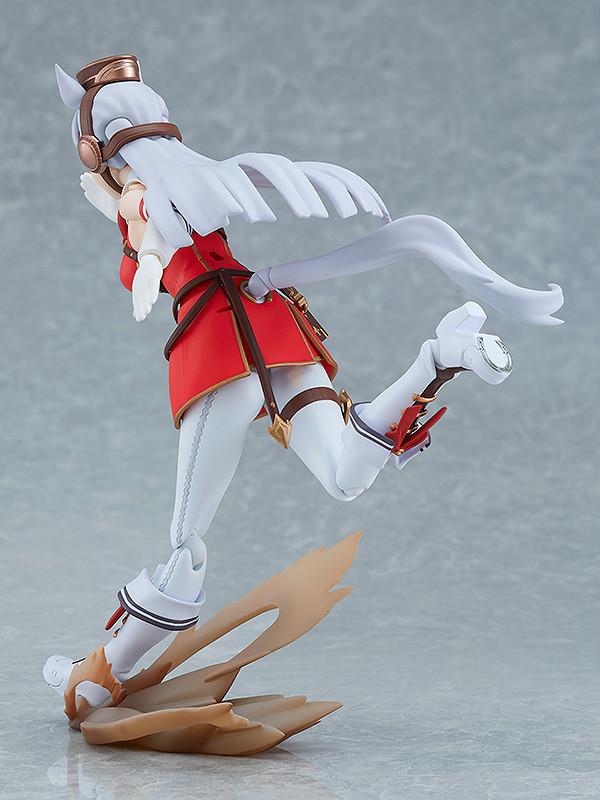 Rear view of the Gold Ship figma highlighting the detailed racing outfit, tail, and long silver hair.