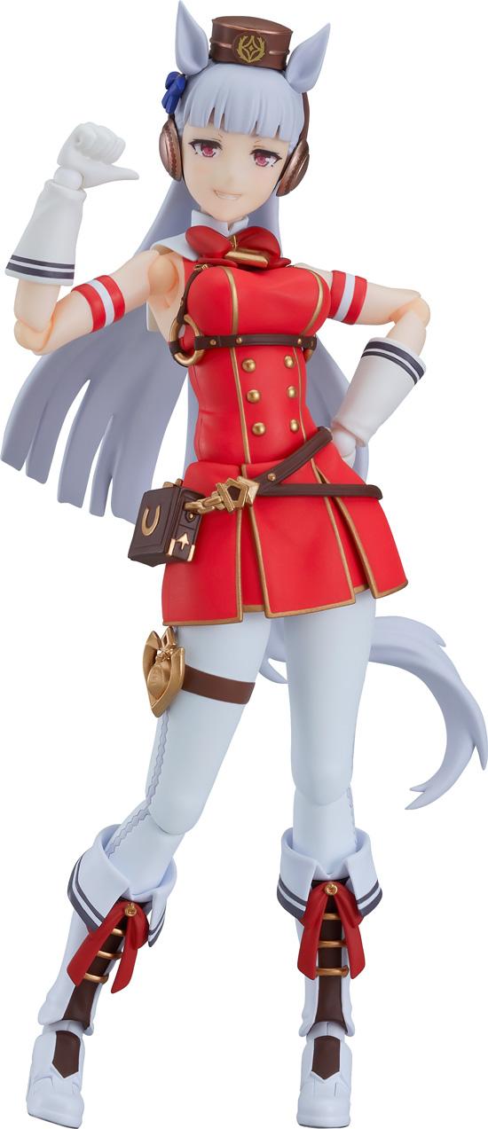Portrait of Gold Ship figma action figure from Umamusume Pretty Derby in her red and white racing uniform.