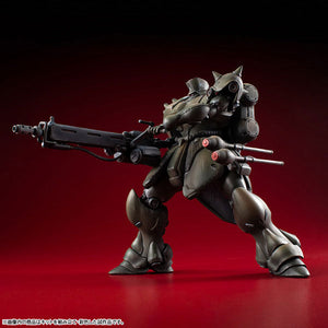 Dynamic side firing pose of the painted MegaHouse VAKIT Geara Doga Commander Type model kit, displaying its articulation and weathered green finish.