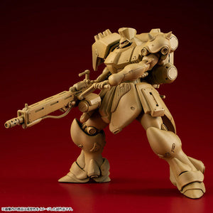An unpainted, solid tan plastic injection build of the MegaHouse VAKIT Geara Doga Commander Type model kit in an action pose to show the raw kit out of the box.