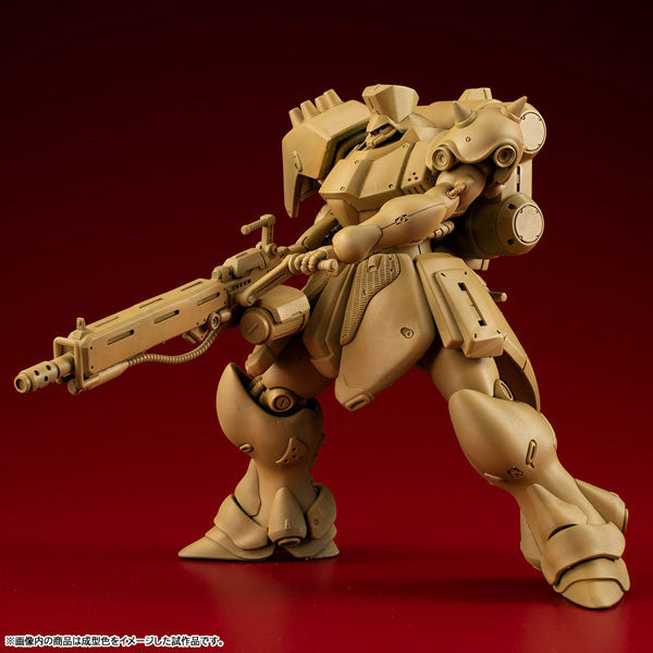An unpainted, solid tan plastic injection build of the MegaHouse VAKIT Geara Doga Commander Type model kit in an action pose to show the raw kit out of the box.