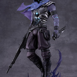 Three-quarter view of the Omen plastic figure, highlighting the detailed texture of his armor and flowing purple cape.