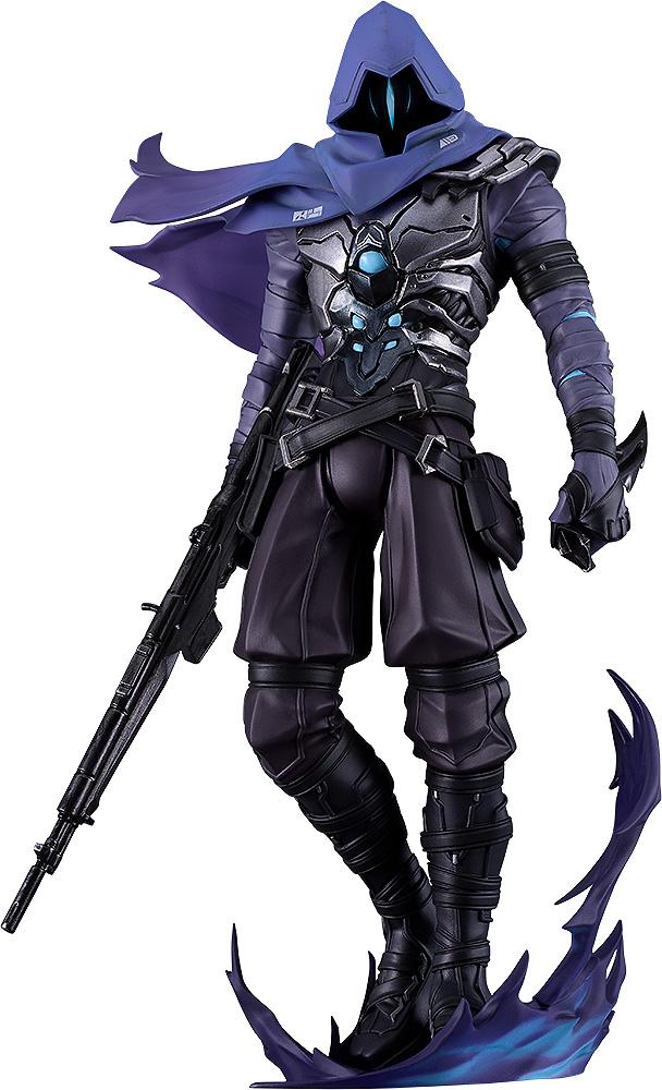 Full body shot of Omen from Valorant as a Pop Up Parade SP figure, featuring his hooded purple cloak and tactical armor.