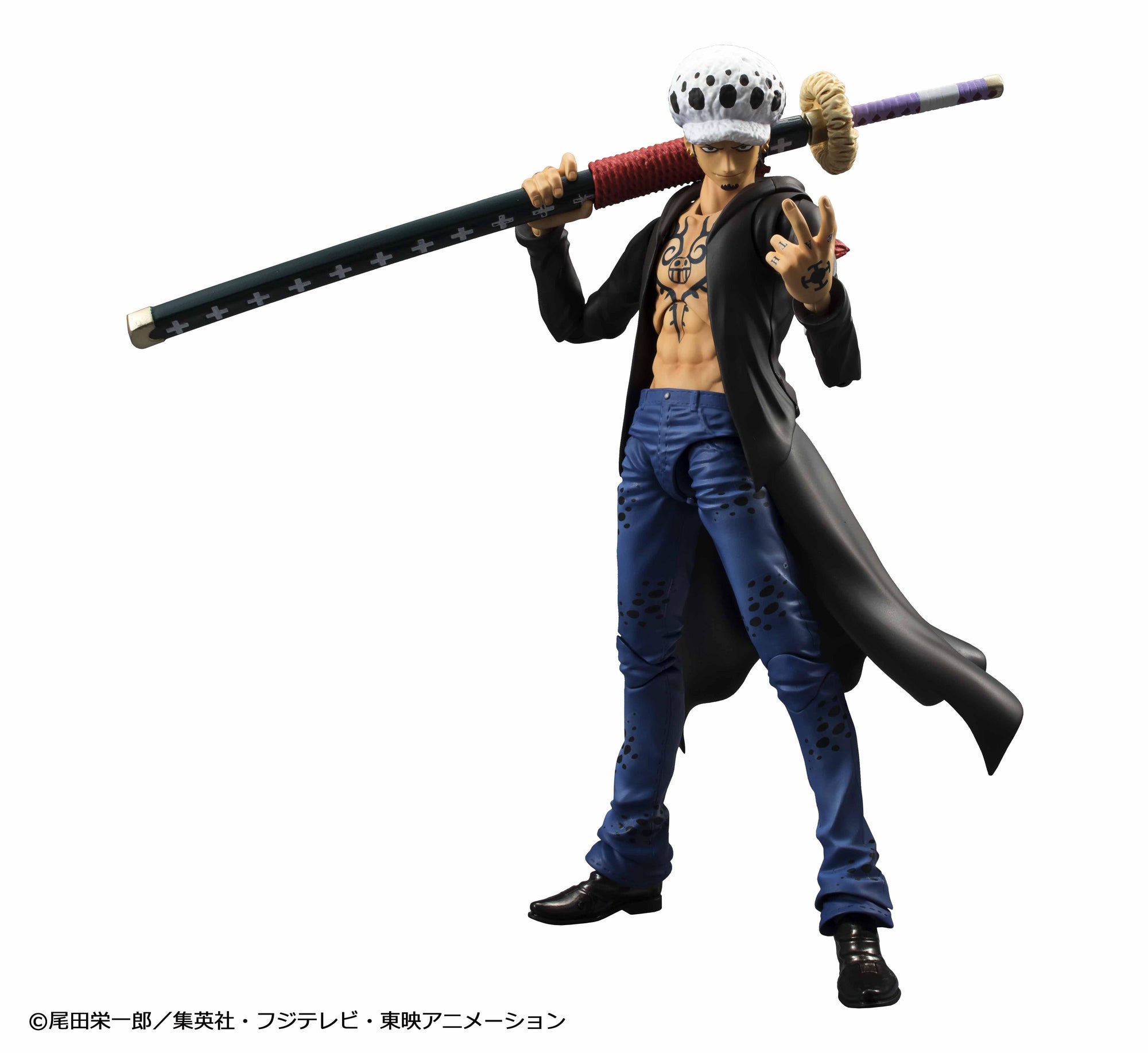 Full standing view of Variable Action Heroes Trafalgar Law reissue action figure resting sheathed Kikoku over shoulder with peace sign hand.