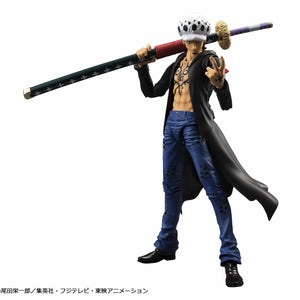 Full standing view of Variable Action Heroes Trafalgar Law reissue action figure resting sheathed Kikoku over shoulder with peace sign hand.