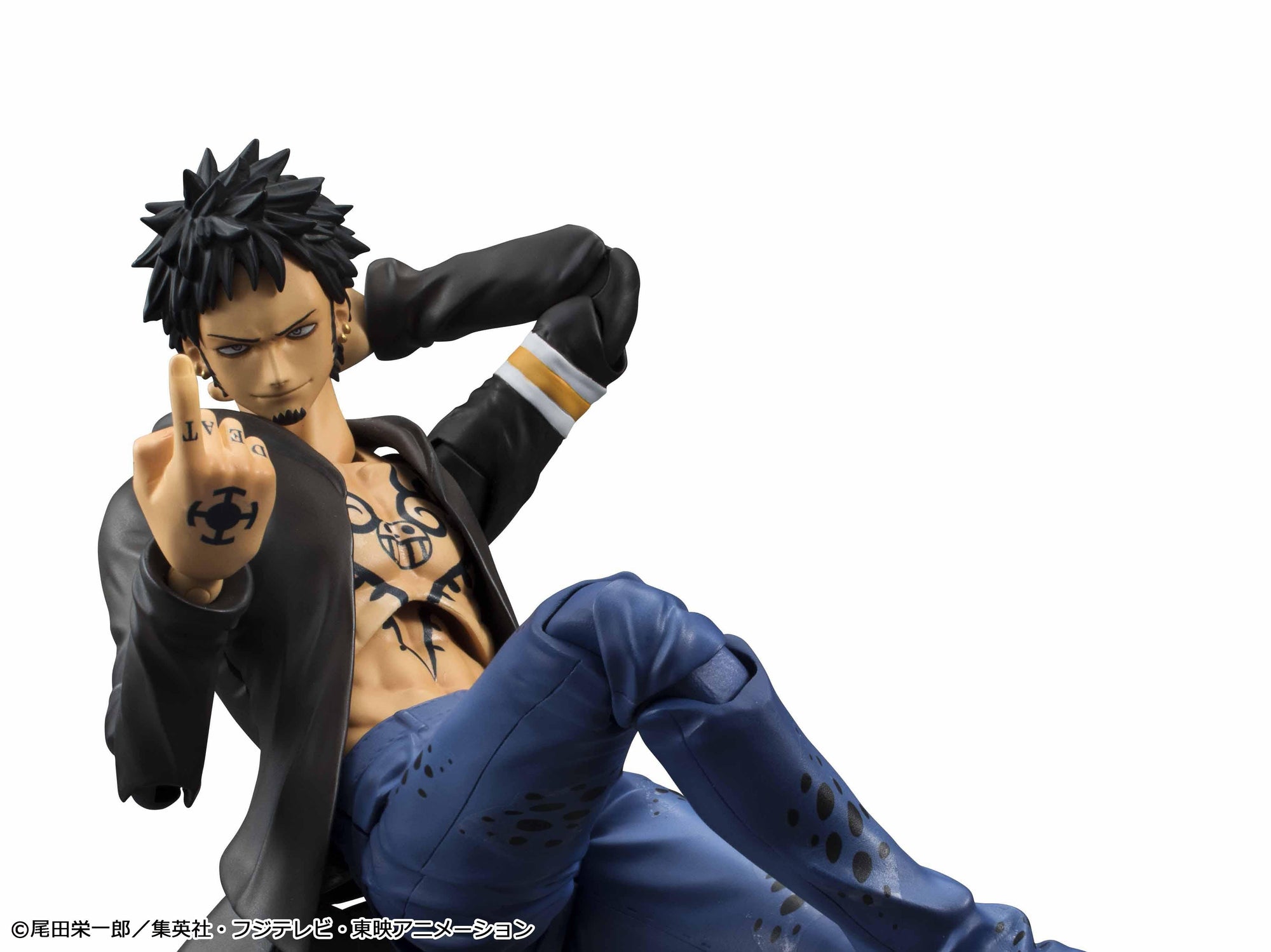 Close-up view of hatless Variable Action Heroes Trafalgar Law figure displaying spiky black hair, chest tattoo, and smirking expression.