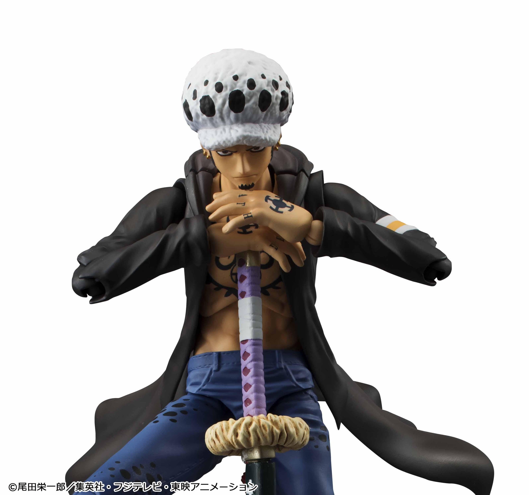 Variable Action Heroes One Piece Trafalgar Law action figure leaning forward with hands resting on Kikoku sword hilt.