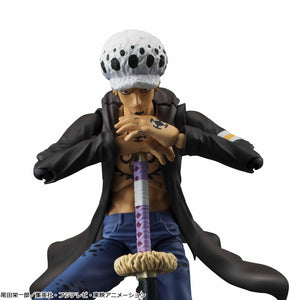 Variable Action Heroes One Piece Trafalgar Law action figure leaning forward with hands resting on Kikoku sword hilt.