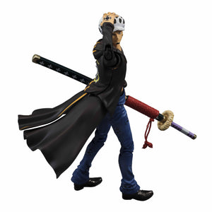 Side profile view of Trafalgar Law Variable Action Heroes figure adjusting his spotted hat with long black coat and sheathed sword.