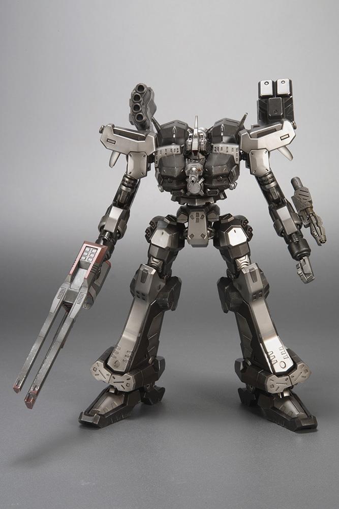 Straight eye-level front view of the Kotobukiya Variable Infinity series Crest CR-C90U3 model mech, displaying symmetric armor paneling, a shoulder multi-missile pod, and a railgun.