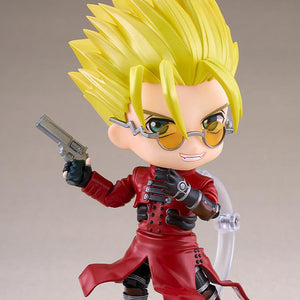 Full standing view of the Trigun Maximum Vash the Stampede Nendoroid figure on a square display stand holding his revolver.