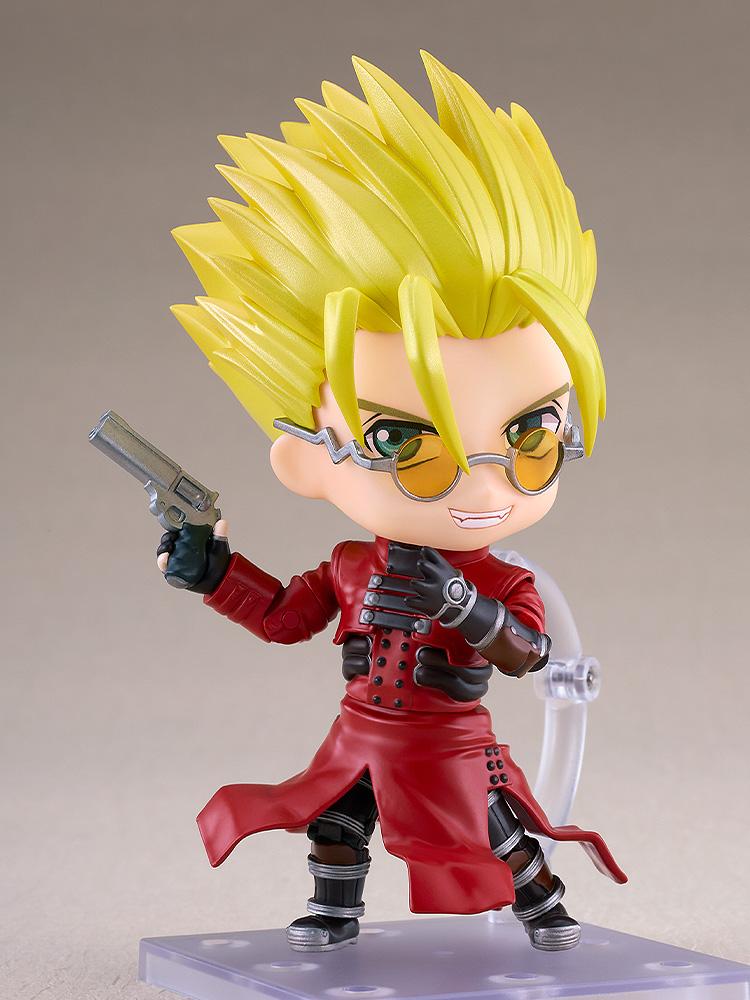 Full standing view of the Trigun Maximum Vash the Stampede Nendoroid figure on a square display stand holding his revolver.