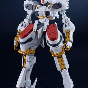 Neutral front profile of the Titanomachia Vector mecha showing red armor accents and golden mechanical details.
