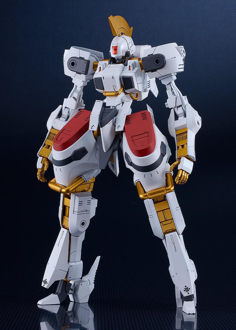 Neutral front profile of the Titanomachia Vector mecha showing red armor accents and golden mechanical details.