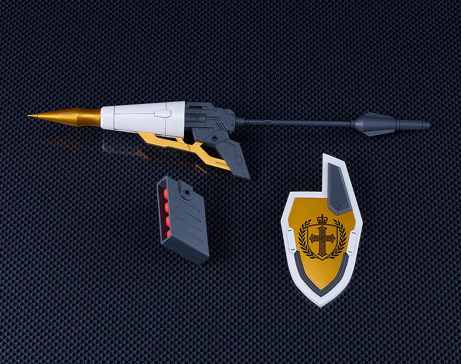 Unattached accessories for the Vector kit including the heavy projectile lance, golden shield, and missile pod.