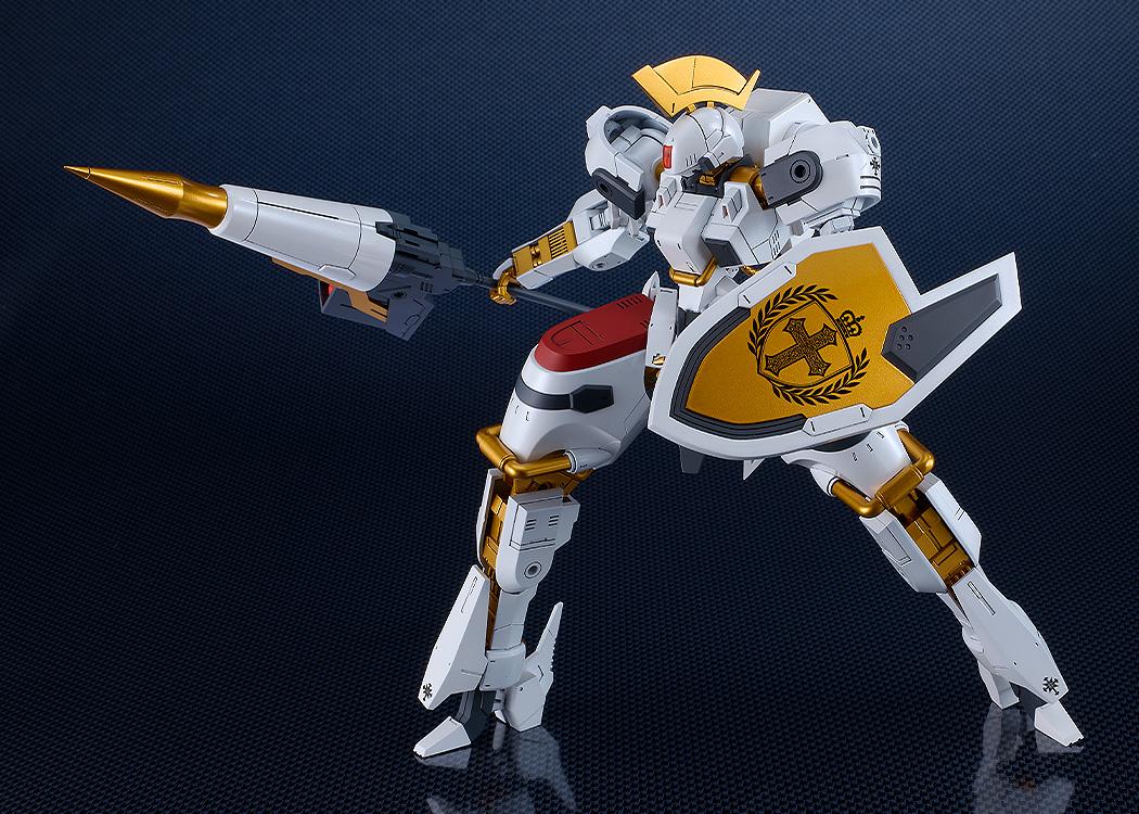 Action pose of the Vector Feyetoll Knight wielding a golden shield and projectile lance.