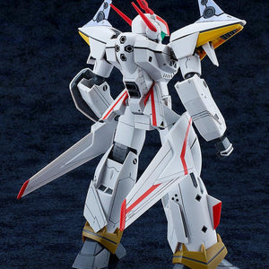 Rear three-quarter perspective of the completed VF-19P Excalibur Battroid mode model kit, displaying the wings, backpack jet thrusters, and detailed rear armor panels.