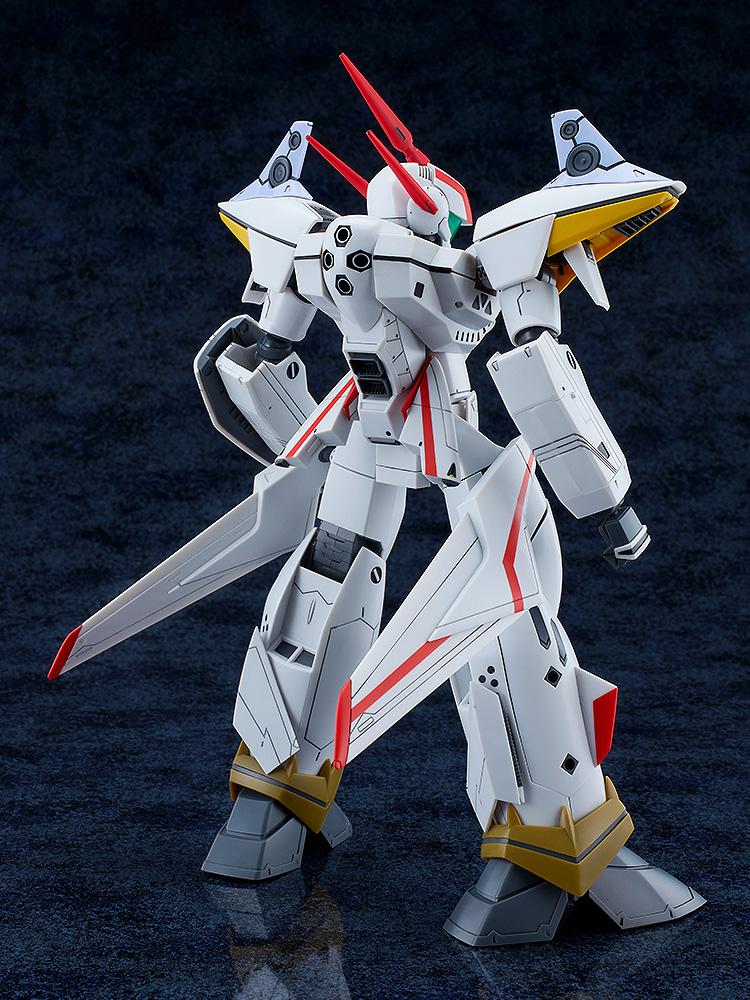 Rear three-quarter perspective of the completed VF-19P Excalibur Battroid mode model kit, displaying the wings, backpack jet thrusters, and detailed rear armor panels.