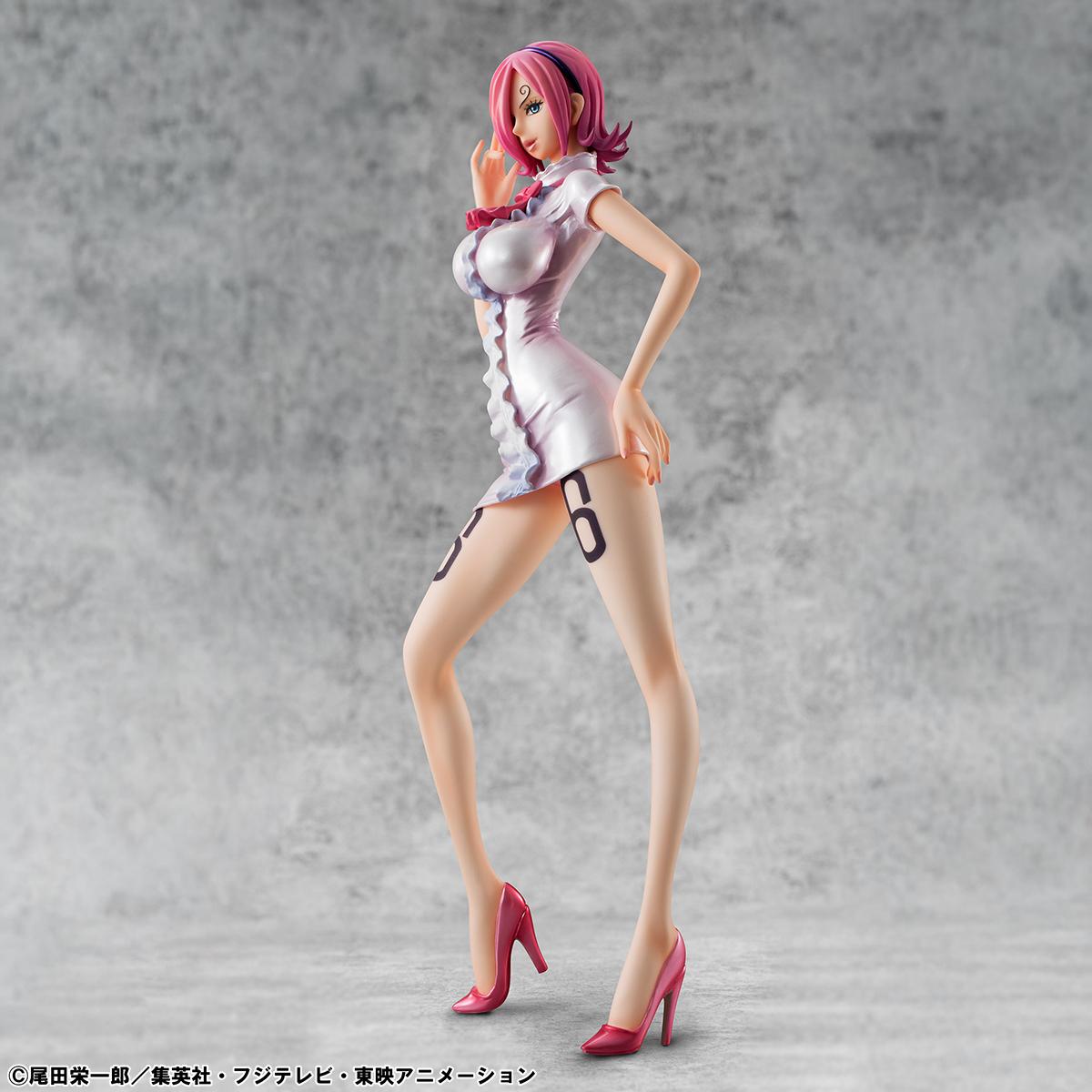 Side profile of the Vinsmoke Reiju P.O.P figure highlighting her signature Germa 66 leg tattoo and pink hair.