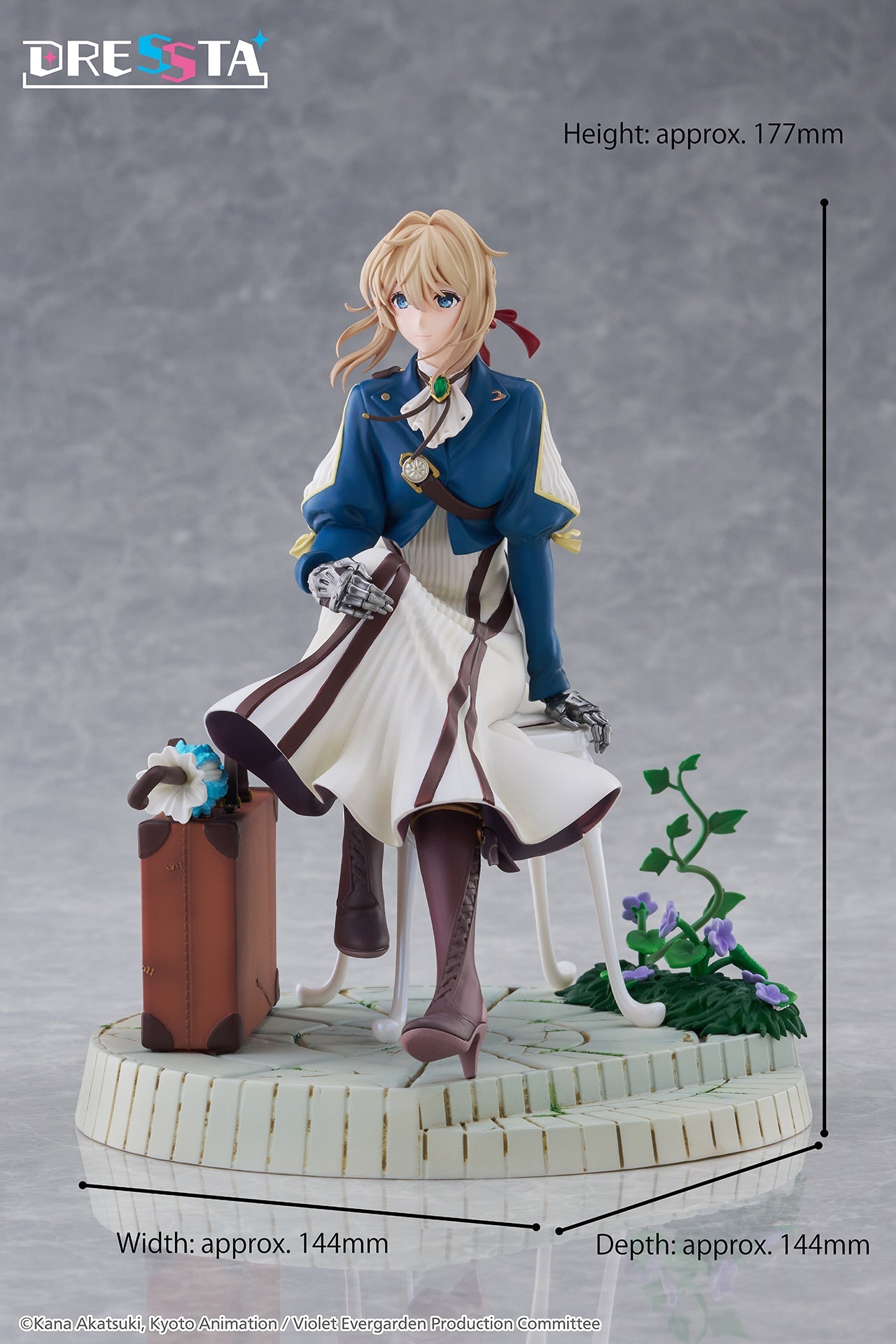 Dimension graphic showing the Taito Violet Evergarden DRESSTA figure measures 177mm in height, 144mm in width, and 144mm in depth