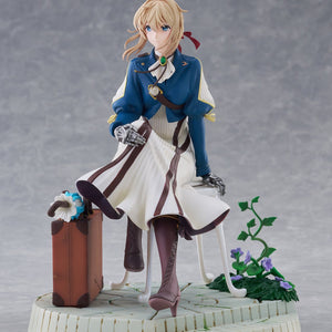 Full body front-facing view of the seated Violet Evergarden DRESSTA statue by Taito