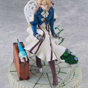 High-angle studio shot of the Violet Evergarden DRESSTA figure highlighting the layered dress and cobblestone base