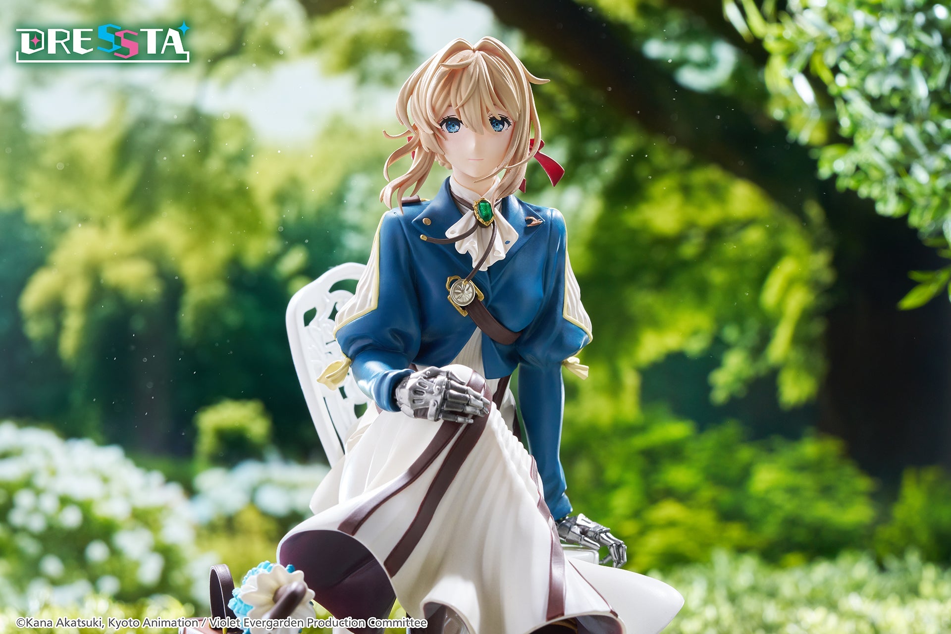 Medium diorama shot of Violet Evergarden figure seated under lush green trees