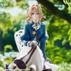 Medium diorama shot of Violet Evergarden figure seated under lush green trees