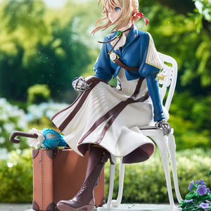 Low-angle side diorama view of Violet Evergarden seated on a garden chair next to her brown suitcase