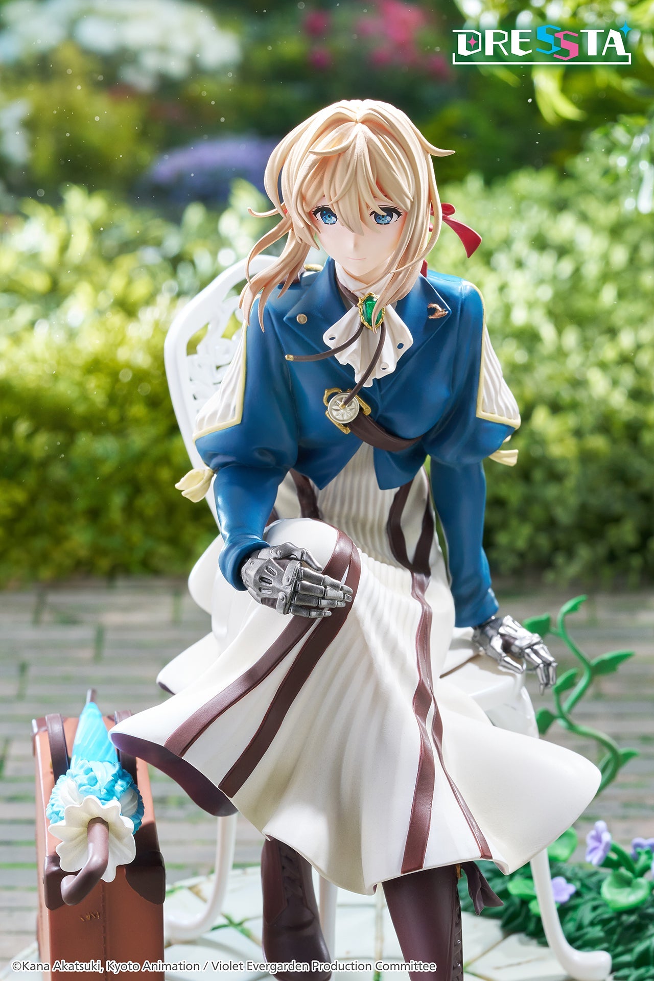 Vertical close-up diorama photo of Violet Evergarden sitting gracefully in a sunlit garden setting