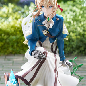 Vertical close-up diorama photo of Violet Evergarden sitting gracefully in a sunlit garden setting