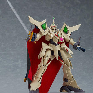 Action shot of the MODEROID Escaflowne with the fabric cape flowing, showcasing the range of motion in the joints and the long sword accessory.