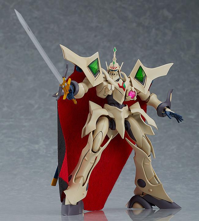 Action shot of the MODEROID Escaflowne with the fabric cape flowing, showcasing the range of motion in the joints and the long sword accessory.